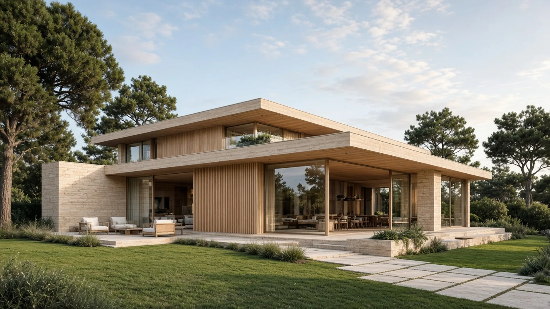 A contemporary limestone and glass villa in daylight, seen from the garden.