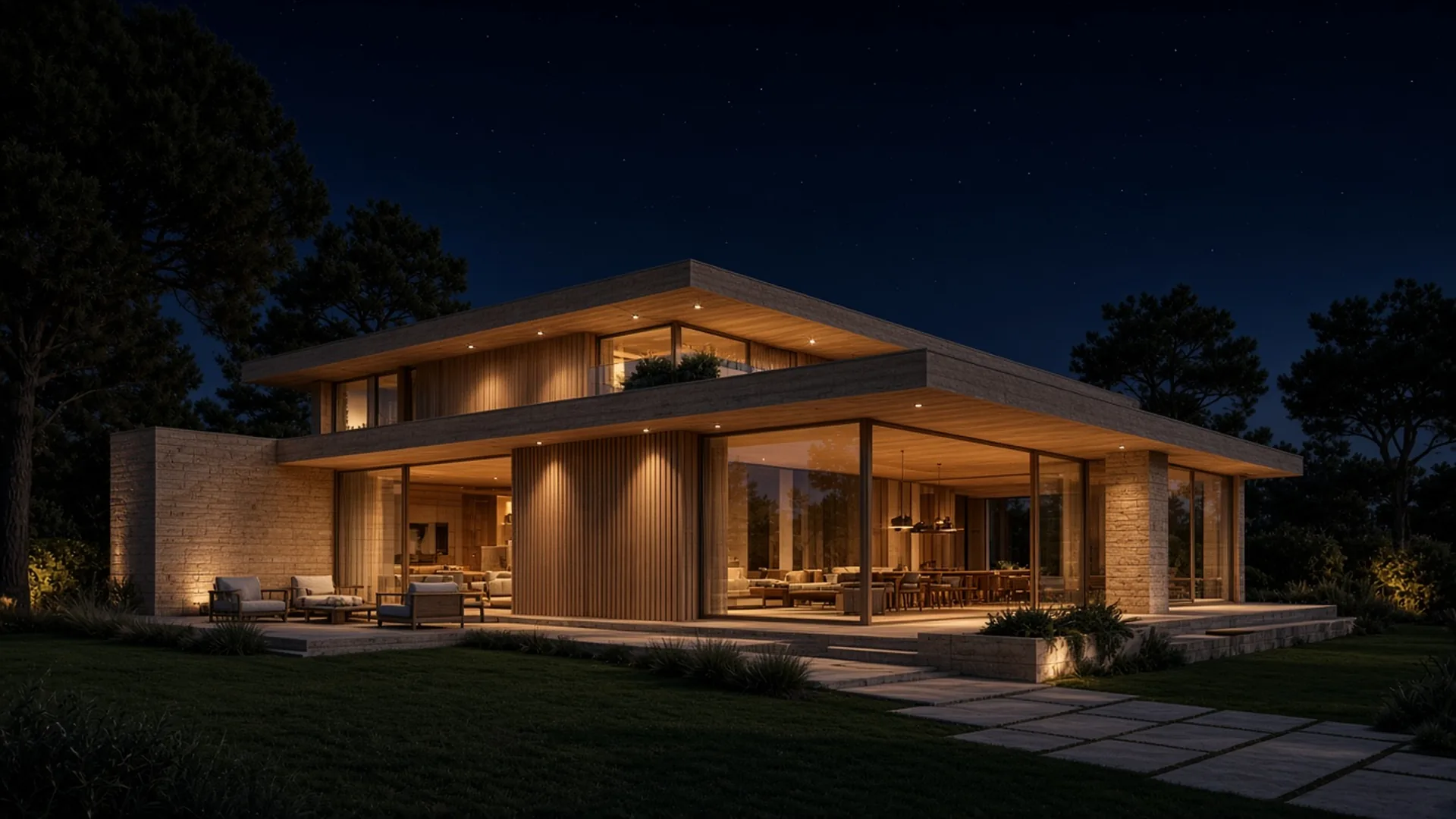 A contemporary limestone and glass villa at dusk, seen from the garden.