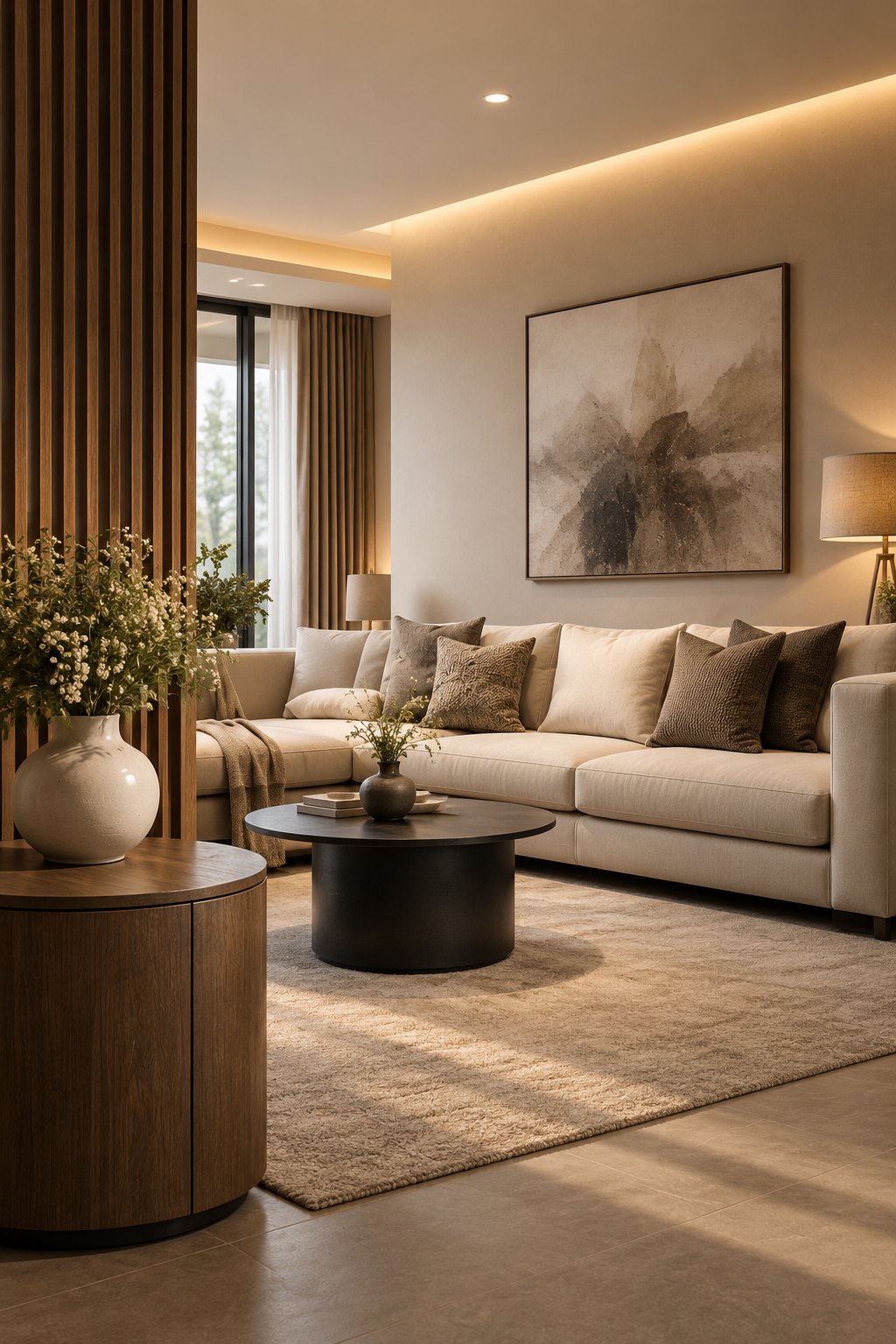 A furnished living room with timber, stone and daylight.